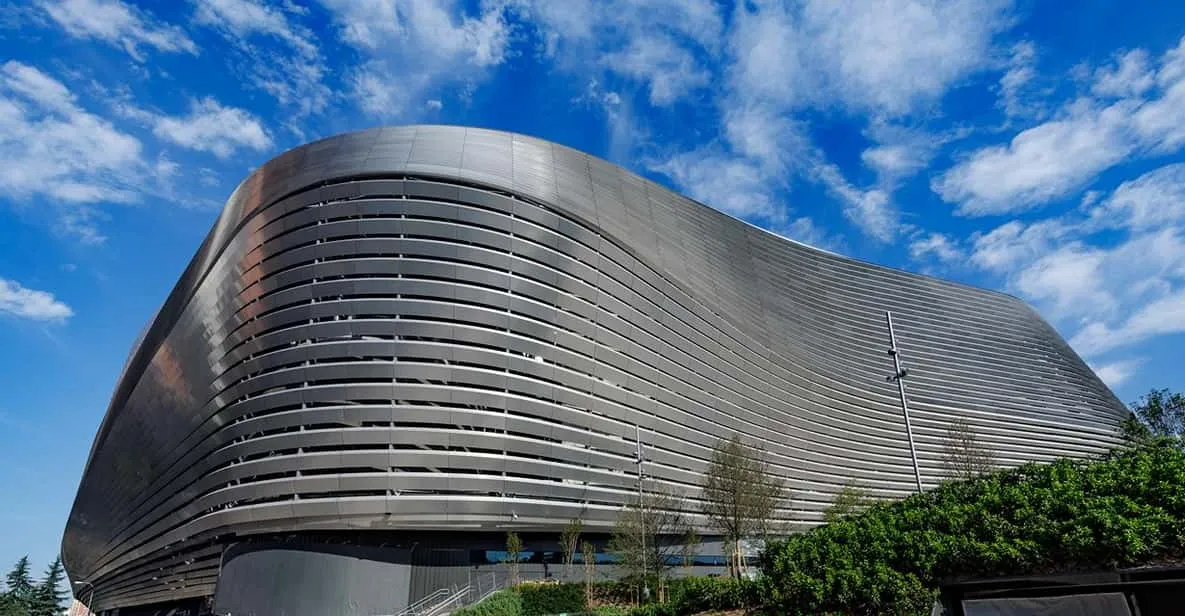 The trophy room and pitch on the Santiago Bernabéu tour, a football museum in Madrid, Spain
