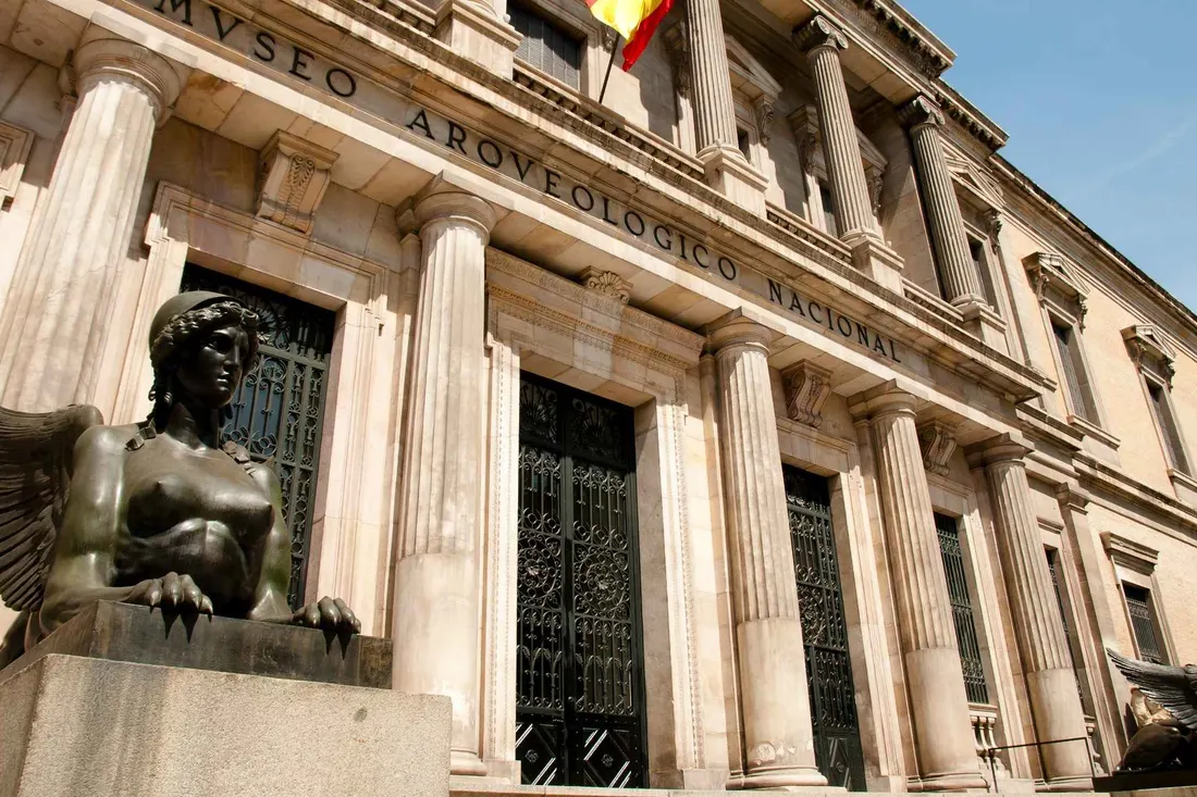 The facade of the National Archaeological Museum on Calle Serrano, a history museum in Madrid, Spain