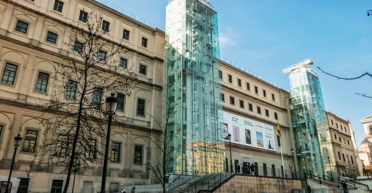 The glass lifts on the facade of the Reina Sofía, a leading modern-art museum in Madrid, Spain