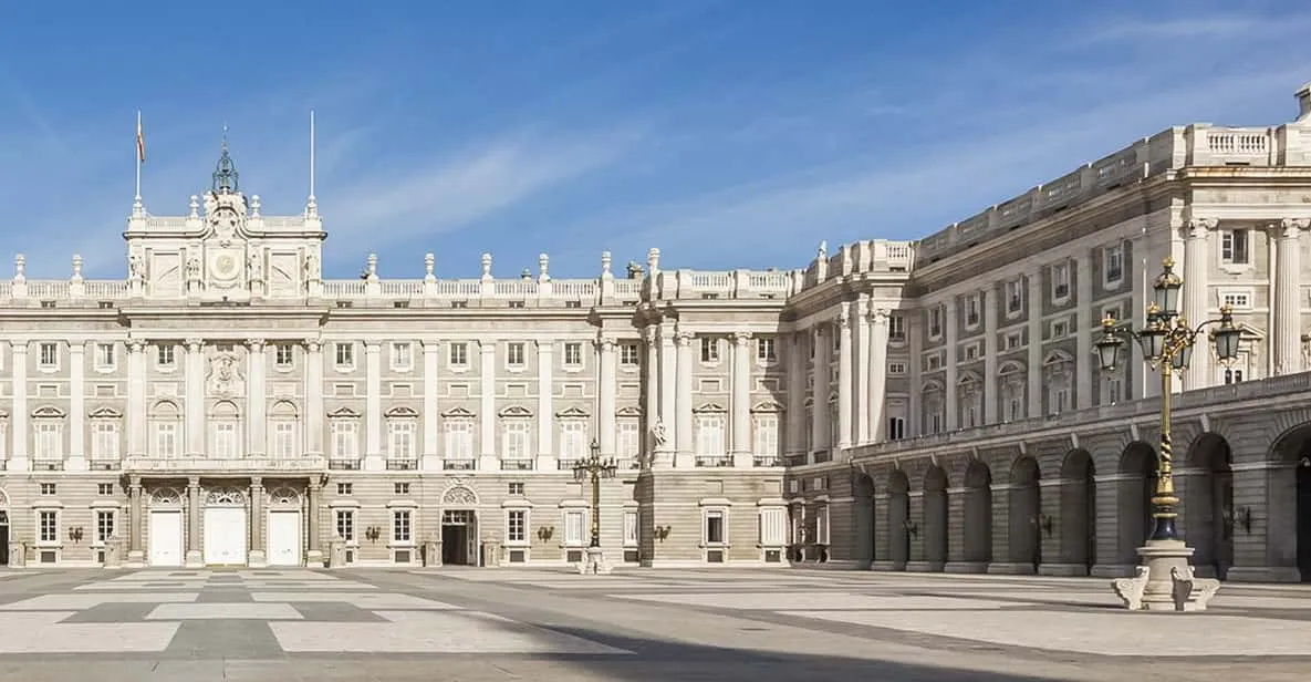 The Royal Palace of Madrid seen from the Plaza de Oriente, a grand palace-museum in Madrid, Spain